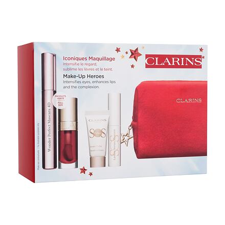 Clarins Make-up Heroes odstín 01 Perfect Black : řasenka Wonder Perfect Mascara 4D 8ml + olej na rty Lip Comfort Oil 7 ml 03 Cherry + podkladová báze SOS Primer White 5 ml + podkladová báze a sérum pod řasenku SOS Lashes Serum Mascara 3 ml + kosmetická ta