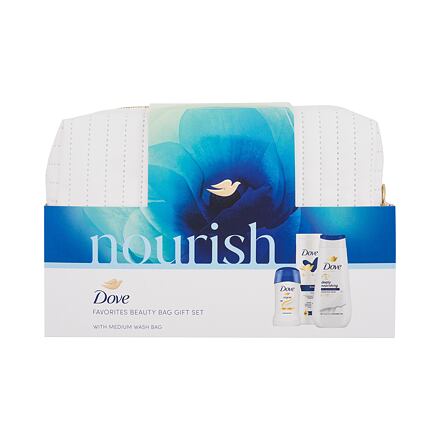 Dove Nourish Favorites Beauty Bag : sprchový gel Advanced Care Deeply Nourishing 225 ml + tělové mléko Essential Care 250 ml + tuhý antiperspirant Original 48H 40 ml + kosmetická taštička pro ženy