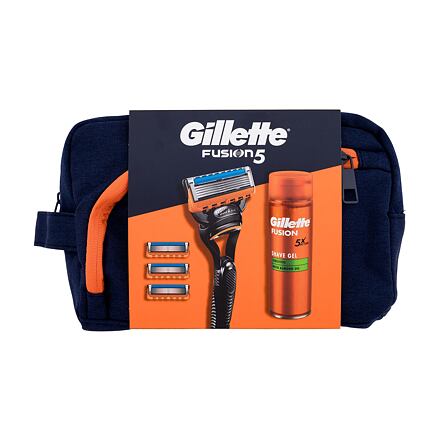 Gillette Fusion5 : holicí strojek Fusion5 1 ks + náhradní hlavice Fusion5 3 ks + gel na holení Fusion Shave Gel Sensitive 200 ml + kosmetická taštička pro muže