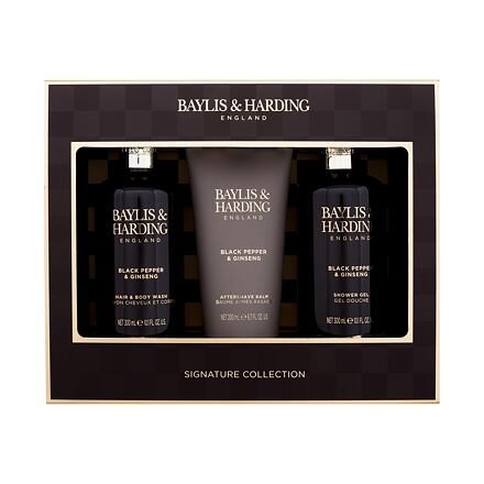 Baylis & Harding For Him Black Pepper & Ginseng Signature Collection : sprchový gel na tělo i vlasy 300 ml + sprchový gel 300 ml + balzám po holení 200 ml pro muže