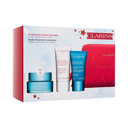 Clarins Hydra-Essentiel [HA²] Collection : denní pleťový krém Hydra-Essentiel Silky Cream 50 ml + noční pleťový krém Hydra-Essentiel Night Care 15 ml + tělové mléko Moisture-Rich Body Lotion 30 ml + červená kosmetická taštička pro ženy